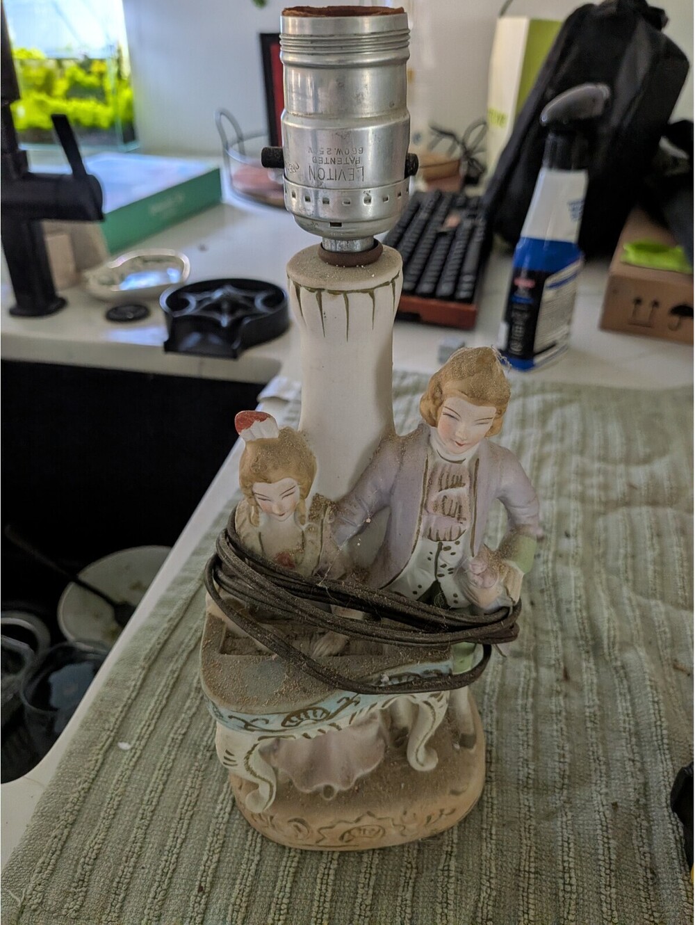 Vintage Ceramic Figurine Table Lamp Base – People, White Pink Green, 10 in